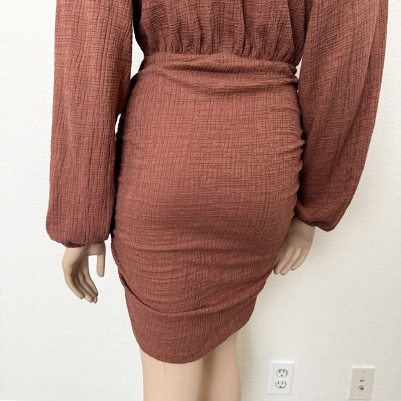 [ASOS] Brown Textured Long Balloon Sleeves Front Tie Ruched Mini Dress Size US 4 - Picture 6 of 12